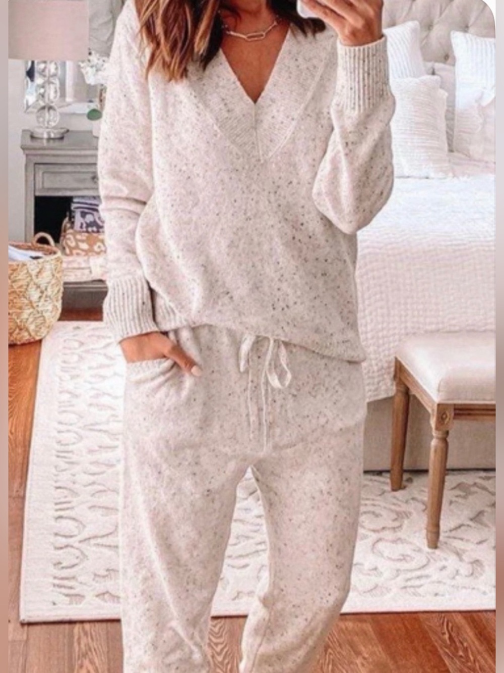Cozy Knit V-Neck Lounge Set in Light Oatmeal